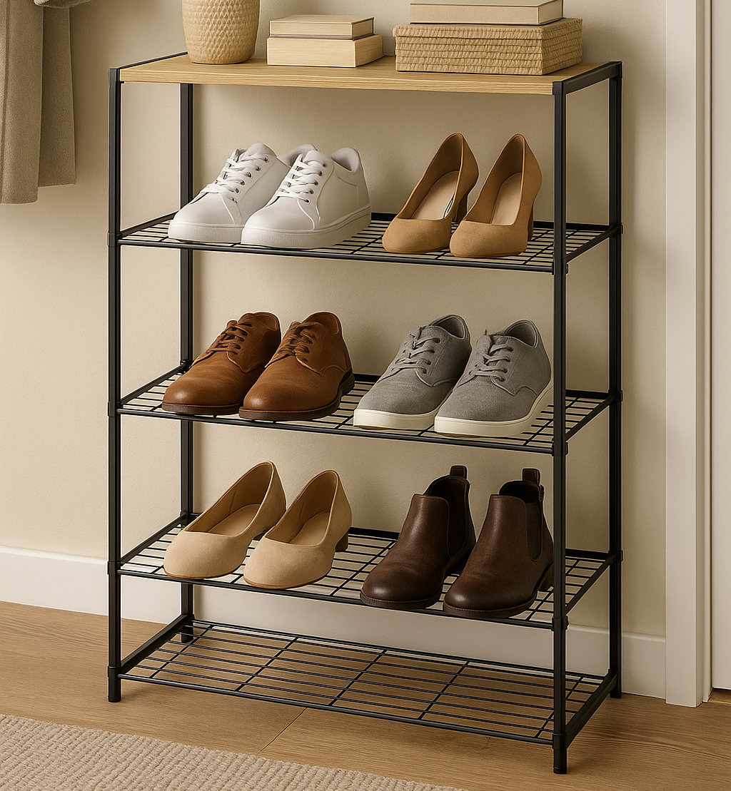 Pantofar modern stil industrial, Zola, 4 rafturi, cadru metalic, blat laminat, 63 x 30 x 83 cm, stejar natur Pantofar modern stil industrial, Zola, 4 rafturi, cadru metalic, blat laminat, 63 x 30 x 83 cm, stejar natur